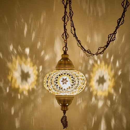DEMMEX Plug-in Turkish Moroccan Mosaic Hanging Pendant Ceiling Light ? Swag Lamp Fixture with 15ft Cord & Chain, Handcrafted Glass, Tiffany Style, Mediterranean Decor (Amber Brown)