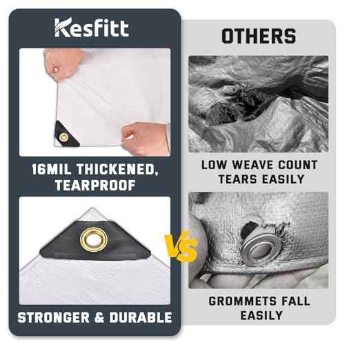 Kesfitt Tarp Heavy Duty Waterproof 12x20FT,16 Mil Thick Tarps Tear&Fade Resistant,UV Resistant,Poly Tarp Cover with Grommets and Reinforced Edges for Outdoor Camping Pools Boat Car(White)