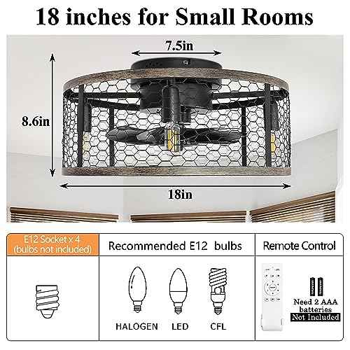 Ohniyou Caged Ceiling Fan with Light - 18'' Small Farmhouse Cage Ceiling Fan Remote Control, Flush Mount Rustic Ceiling Fan for Kitchen Bedroom