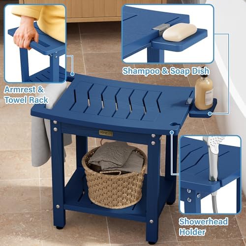 YEFU Shower Chair for Inside Shower: 21" Oversized Non-Slip Waterproof No Maintenance 500LBS Weight Capacity - Shower Bench/Stool with Shelf Handle for Bathroom/Outdoor - Easy Assemble for Adult/Navy