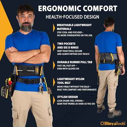 BINYATOOLS Tool Belt with Lumbar Back Support for Tradesman Pro Construction Electrician 2" Tool Belt for Men Orthopedic Lower Back Brace for Heavy Lifting Lightweight with D Rings and Pockets- L