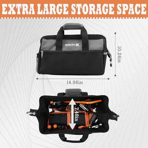15 Inch Tool Bag, Wide Mouth Tool Storage Organizer with Large Pocket, Ergonomic Zipper & Soft Handle Heavy Duty Toolbag, Waterproof Cloth Tool Tote for Men Electrician Mechanic Carpenter