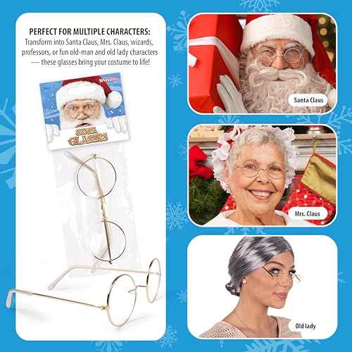 Kangaroo Gold Santa Claus Costume glasses - Round Fake Glasses For Men and Kids - Circular Glasses Spectacles - Metal Frame Plastic Lenses - Non Prescription - Nerd Halloween Cosplay Apparel