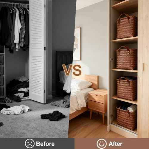 15L Laundry Baskets Waterproof Storage Baskets For Shelves Large Laundry Hamper With Leather Handle -set of 4 Cube Organizers Woven Bins for Bathroom,Bedroom,Pantry,Clothes,Car & Towels-Brown
