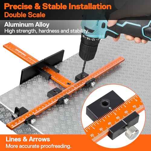 JORGENSEN Cabinet Hardware Jig Tool - Aluminum Alloy & Double Scale Cabinet Handle Jig Template, Professional for Installing Door Drawer Front Knobs Handles & Pulls with 5mm Alignment Drilled Hole