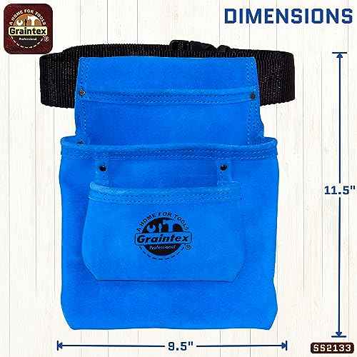 GRAINTEX SS2133 3 Pocket Nail & Tool Pouch Blue Color Suede Leather with 2¡± Webbing Belt for Constructors, Electricians, Plumbers, Handymen