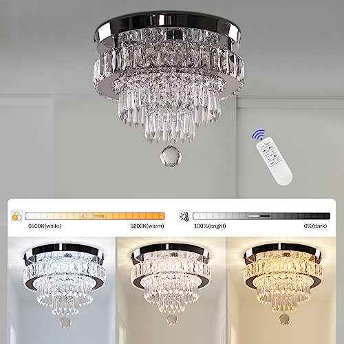Finktonglan 11.8" Dimmable LED Modern Crystal Ceiling Light, Flush Mount Chandelier with 3 Light Colors, Remote Control for Bedrooms, Living Room, Hallway