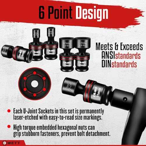 WETT 15-Piece 3/8" Drive Shallow Impact Universal Joint Socket Set, Metric Swivel Socket Set (8-22mm), Flexible Wobble Sockets, 6 Point, CR-MO Steel
