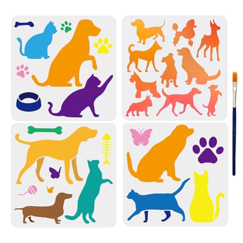 MAYJOYDIY 4pcs Dog Cat Stencil 11.8¡¿11.8inch Pet Theme Plastic Decoration Template with Paint Brush Golden Retriever Dachshund Dog Bones Paw Print Template for Wood Fabric Wall Window DIY Craft