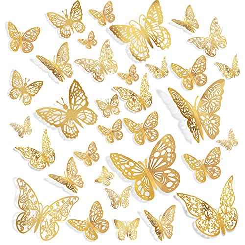 144 Pcs Gold Butterfly Wall Decor, 3D Butterfly Stickers 6 Styles and 3 Sizes, Removable Mural Stickers Metallic Butterflies Decorations for Walls