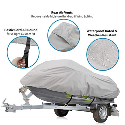 Pyle Waterproof Heavy Duty Jet ski Cover - 139¡¯¡¯ - 145¡¯¡¯ Inch Resistant Watercraft Storage Cover with Adjustable Strap & Elastic Cord for Tight Custom Fit - Marine Grade Protection PCVJS14 , Gray