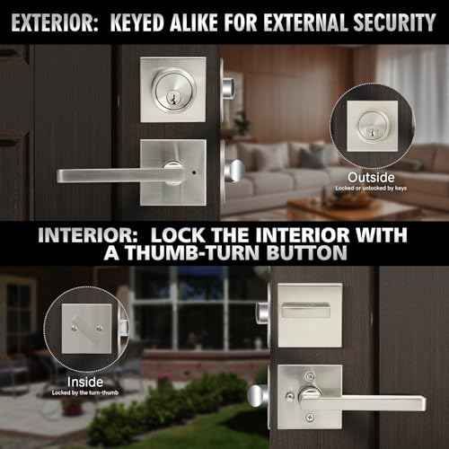 Front Door Handle Set with Deadbolt, Door Levers and Single Cylinder Deadbolt Set, Keyed Alike Heavy Duty Keyed Privacy Handles Locksets,(Satin Nickel,2Pack)