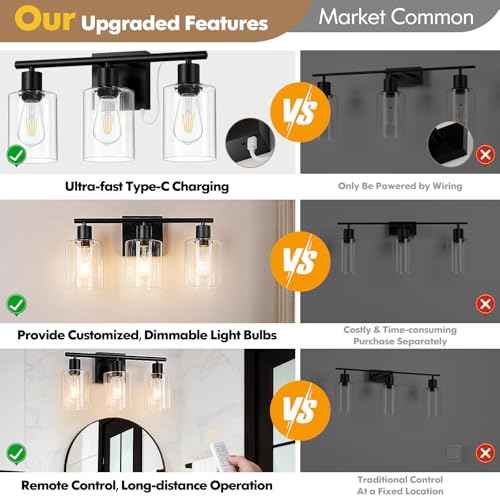Battery Operated Wall Sconce, 3-Light Black Wireless Rechargeable Vanity Light Fixture with Remote & Bulbs, Dimmable Modern Indoor Non-Hardwired Wall Mounted Lamp for Bedroom, Living Room, Bathroom