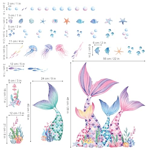 decalmile Mermaid Tail Window Clings Under The Sea Mermaid Bubble Seaweed Window Decals Anti-Collision Glass Window Doors Window Stickers