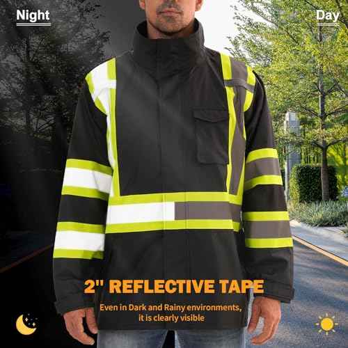 Reflective Rain jackets for men waterproof,Hi Vis Safety Coat With Reflective Strips£¬High Visibility Class 3 Rain jackets With 2 large pockets£¬Zipper,Black £¬LG/XL