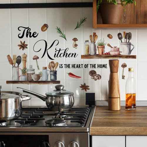 Kitchen Themed Wall Decal 'The Kitchen is The Heart of The Home' Quote with Cooking Elements s Design, Easy Peel & Stick Removable,DIY Wall Sticker Perfect for Kitchen,Living Room and Nursery D?cor