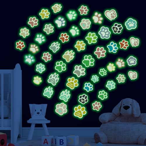 Large Paw Print Stickers 44 Pieces Glow in The Dark, Cute Dog and Cat Animals Art Wall Decals, Removable Luminous Footprint Nursery Bedroom Room Decor