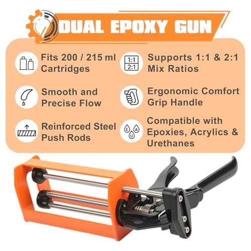 Epoxy Gun Dual Cartridge 200 ml / 215 ml (1:1 & 2:1), Manual 2 Part Epoxy Gun for Panel Bonding Adhesive, Fillers, Structural Epoxy, Plastic & Fiberglass Repair