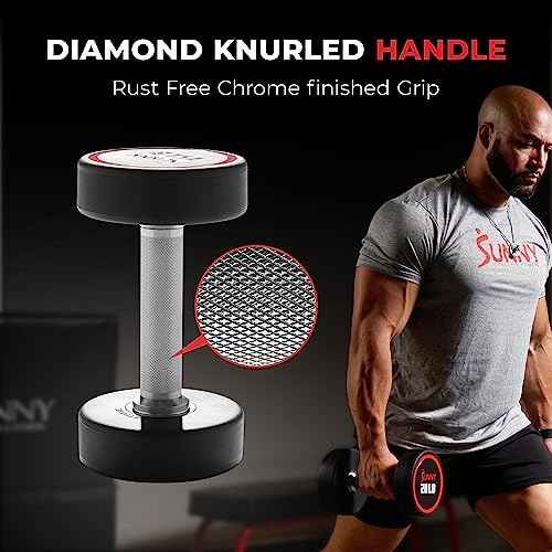 Sunny Health & Fitness Premium Polyurethane Commercial Grade Round Dumbbells with Diamond Knurled Handle, Durable Strength Training Equipment for Home Gym, 5-50LB