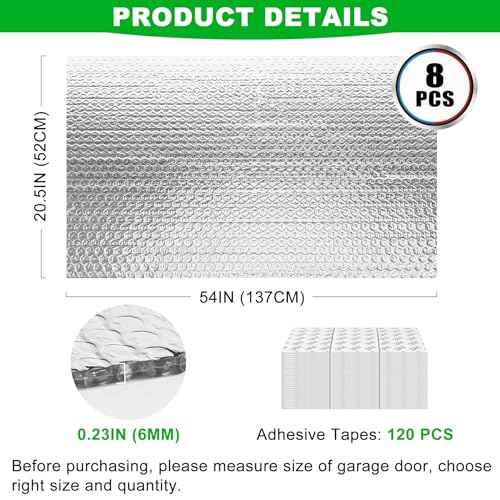 8P Garage Door Insulation Panels Kit 0.24"T Double Bubble Reflective Aluminum Foil 6MM Sheet Thermal Pre-Cut Insulation Shield 120 Tapes Winter Clod and Summer Heat for Attic Garage Wall (20.5" x 54")