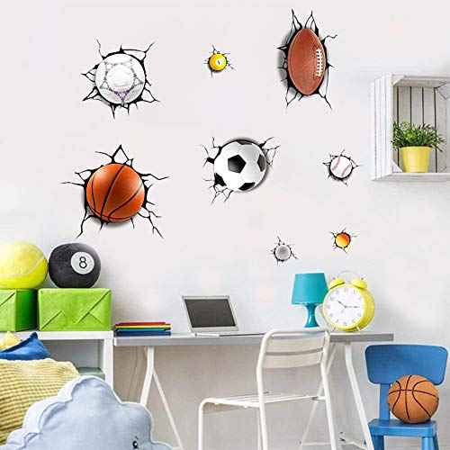 Supzone Sport Balls 3D Wall Stickers Break Through DIY Basketball, Rugby, Baseball, Football Wall Decor Boys Playroom, Bedroom, Classroom, Living Room