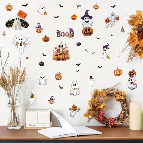 Halloween Wall Stickers and Window Clings 6 Sheets - Removable Peel and Stick Spooky, Bat, Pumpkin Decals for Home Office Classroom Halloween Decorations