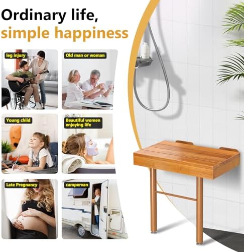 20 Inchs Teak Folding Shower Seat Wall Mounted, Fold Down Shower Seat for Inside Shower, Home Care Folding Teak Shower Seat, Folding Shower Seat with 450 Lb. Weight Capacity (with Support)