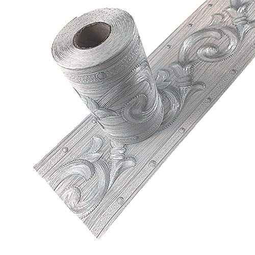 Silver Flower 3D Wallpaper Border Peel & Stick PVC Wall Covering Kitchen Bathroom Bedroom Tiles Decor Sticker,4 Inch by 16.5 Feet1