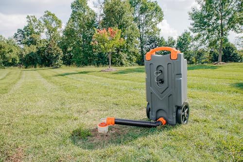 Camco Rhino 21-Gallon RV Portable Waste Tank - Features Large Heavy-Duty No-Flat Wheels & Low Drain Hole - Includes Removable Steel Tow Adapter, 3’ Sewer Hose & More RV Accessories (39002)
