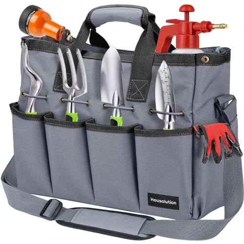 Housolution Garden Tote Bag, 900D Gardening Tool Bag, Garden Tote Storage Bag with Pockets & Long Adjustable Shoulder Strap, Home Tools Organizer Garden Tool Kit Holder, Standable, 14 Inch, Gray