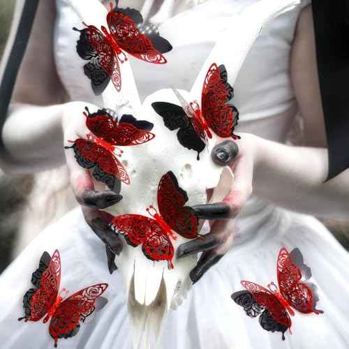 3D Butterfly Wall Decor Summer Party Rose Butterfly Sticker Decoration 3.85x4.6 inche Red Black Double Deck Removable Sticker for Birthday Holiday Party Decoration-6pcs