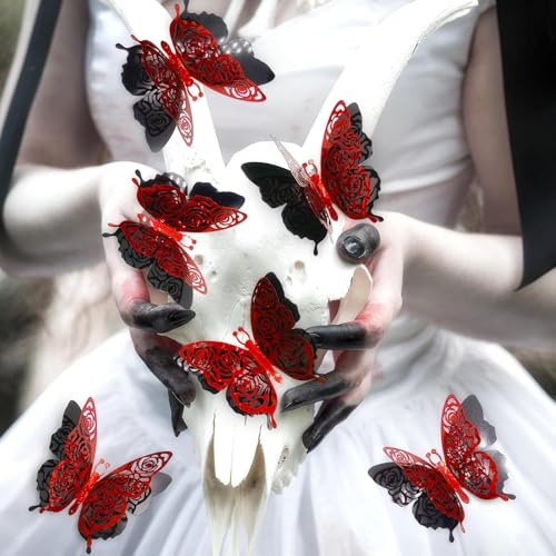 3D Butterfly Wall Decor Valentine's Rose Butterfly Sticker Decoration 3.85x4.6 inche Red Black Double Deck Removable Sticker for Birthday Holiday Party Decoration-6pcs