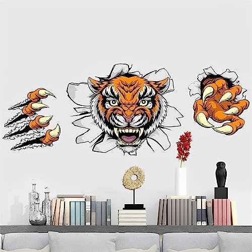Breaking Through The Wall Tiger Wall Stickers, sacinora Wild Animal Wall Decals Removable Vinyl Peel and Stick for Living Room Bedroom Children's Room Kitchen Sofa TV Background Art Decorations