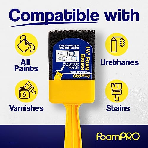 FoamPRO 715-4, 1 1/2" Foam Brush w/ 4 Refills - Premium Quality Paint Brush Set for All Paints, Urethanes, Varnishes, Stains - Effortless Application Foam Brushes- Smooth Finish, Reusable Handles