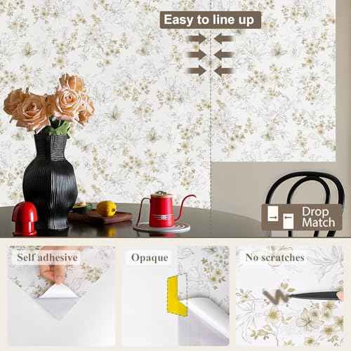 Vintage Peel and Stick Wallpaper Floral Boho Contact Paper for Cabinets Wildflower Neutral Self Adhesive Contact Paper Butterfly Removable Waterproof Wallpaper Bathroom Bedroom 17.3inW 78.7inL