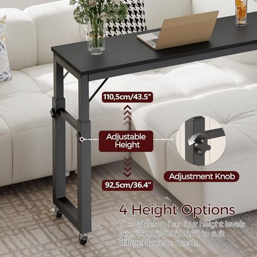 Overbed Table with Wheels, Queen Size Mobile Bed Desk with Adjustable Height, Rolling Table, Dining Table, Computer Desk, for Bedroom, Living Room, Office, Black MTBK18001