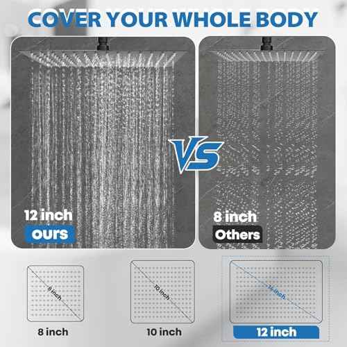 Shower Head,12¡±Rain Shower Head with Handheld Spray Combo with 11'' Angle Adjustable Extension Arm/Flow Regulator/Shower System,High Pressure Rainfall Shower Head Clean Bathroom,Matt Black
