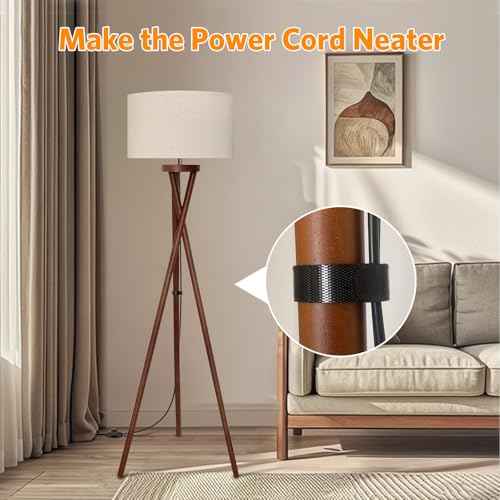 Wood Tripod Floor Lamp, Modern Design Light, Flaxen Lamp Shade with 3 Color Temperatures LED Bulb, Mid Century Standing Lamp for Living Room, Bedroom, Study Room and Office, Brown