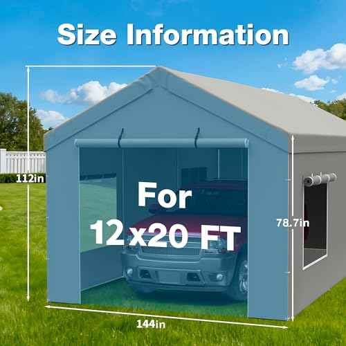 Carport Canopy Replacement Zipper Door Fits 12x20 FT Carport, Waterproof & UV Protected, Easy Assembly with Ball Bungees, Grey (Door Panel Only, 1 Pack)