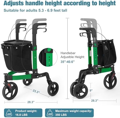 3 Wheel Rollator Walker, Walkers for Seniors, Rollator Walker Lightweight Foldable, with Tray and Large Storage Bag, 10 Inch Front Wheel for All Terrain, Green