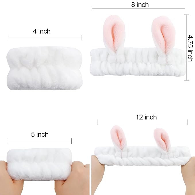 YISSION Cute Bunny Ear Spa Headband and Wristband Set for Women and Girls - Soft Plush Makeup Headband with Wrist Towels for Face Washing, Skincare, Shower, Easter Party Favors (White)