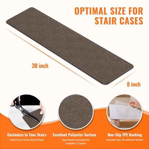 Stair Treads Non-Slip for Wooden Steps, 15Pack - 8" x 30" Edging Stair Runner Indoor for Kids Elders & Pets, Washable Carpet Stair Treads with Peel & Stick Reusable TPE Backing, Brown