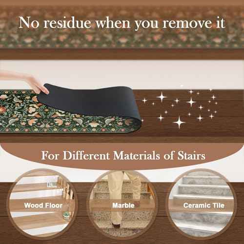 OJIA Floral Stair Treads Non-Slip Stair Runner for Wooden Steps Indoor 15PCS 30"x8" Carpet Stair Treads Stair Mats Staircase Step Treads for Kids, Elders and Dogs, Stair Covers, Black