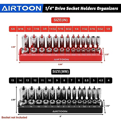 AIRTOON 8-Piece Socket Organizer Trays, SAE and Metric Socket Tray Set, 1/4", 3/8", and 1/2" Drive Deep and Standard Socket Holders Organizers for Toolbox, Black & Red