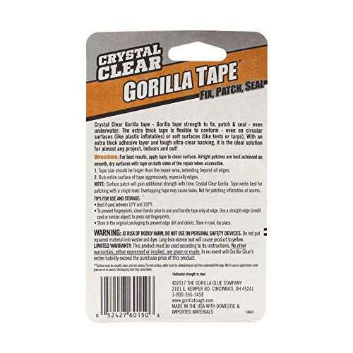 Gorilla Crystal Clear Repair Duct Tape, 1.88¡± x 5 yd, Clear, (Pack of 1)