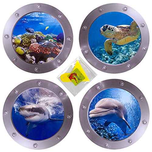 OTDCGI 11 Inch Round 3D Porthole Window Adhesive Stickers - Ocean Theme (Sea Turtle, Shark, Dolphin) - Waterproof Vinual Decals for Kids Room, Bathroom, Glass Decor - Set of 4