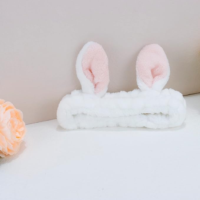 YISSION Cute Bunny Ear Spa Headband for Women and Girls - Soft Plush Makeup Headband for Face Washing, Skincare, Shower, Easter Party Favors (2 Pack, White & Gray)