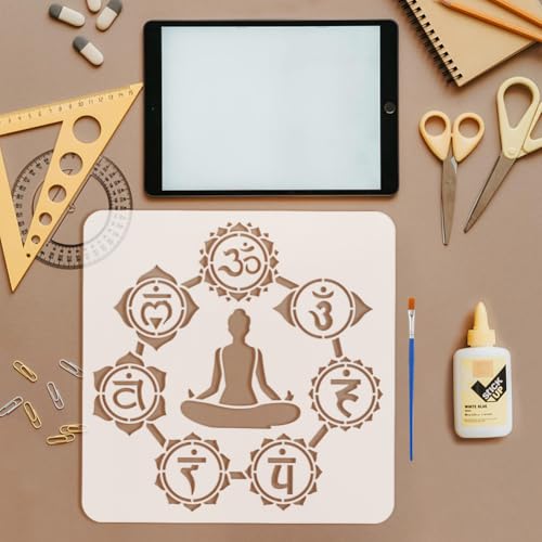 FINGERINSPIRE 4 Styles Religious Themes Stencils with a Brush 11.8x11.8Inch Chakra Symbols Painting Stencil Yoga Pattern Template PET Tree of Life Om Symbols Template for Wood Wall Floor Tiles