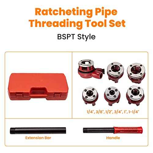maXpeedingrods BSPT Ratchet Pipe Threader Kit, Manual Ratcheting Pipe Threading Tool Set w/ 6 Dies 1/4", 3/8", 1/2", 3/4", 1", 1-1/4" for Metal and PVC Pipes
