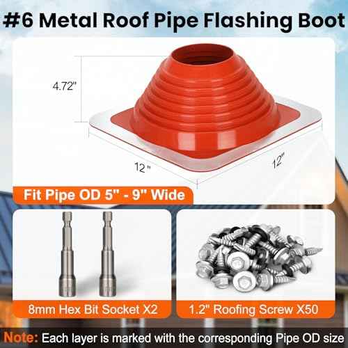 #6 Metal Roof Pipe Flashing Boot, Metal Roofing Pipe Flashing Boot Fits Pipe OD 5" to 9" Wide, Includes Flexible Silicone High Temp Roof Vent Boot, Hex Socket x2, Roofing Screw x50, Square Base, Red